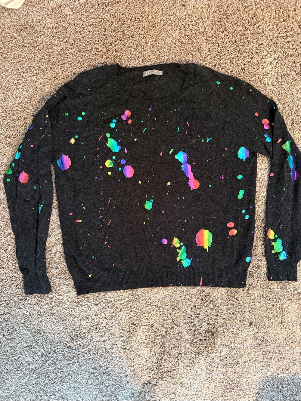 Brodie Cashmere Black Crewneck with Neon Paint-Splatter